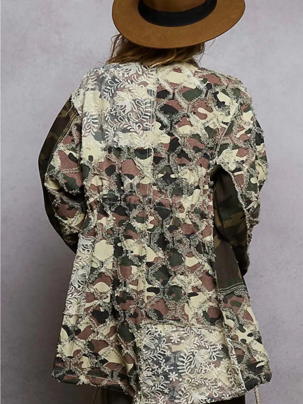 POL WYT84 Camo Patchwork Lace Distressed Boho Parka Shacket Jacket M -NWOT - Picture 2 of 3